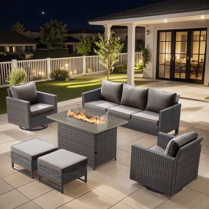 Buenhomino 6 Peices Outdoor Patio Furniture Set with 41" Fire Pit Table, Wicker Swivel Rocking Chairs Conversation Sets for Yard Garden Porch - 1 of 4