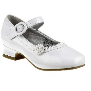 Josmo Little Kids' Girls' Dress Shoes - White Flower Mary Jane Style with Low Heel for Wedding Party, Princess Shoes