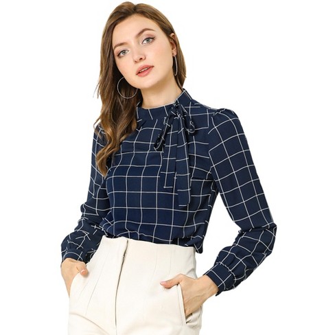 Allegra K Women's Bow Tie Neck Grid Checks Office Work Blouses