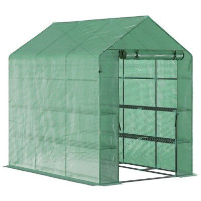 Outsunny Walk-in Greenhouse, 2-Tier Shelves, Steel Frame Hot house, Roll-Up Zipper Door for Flowers, Vegetables, Green