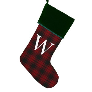 Personalization Mall Christmas Plaid Initial Christmas Stocking, Green Cuff - 1 of 2