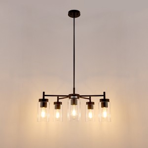 DORESshop 25 In. 5-Light Matte Black Chandelier with Clear Glass Shades E26 for Living Room, Dining Room, or Entryway 1-Pack - 1 of 4