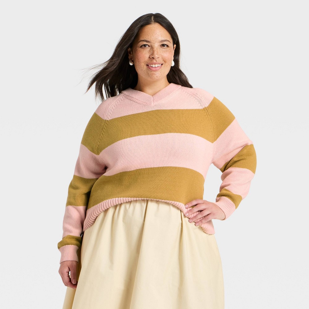 Women's Long Sleeve High V-Neck Pullover Sweater - A New Day™ Pink XXL