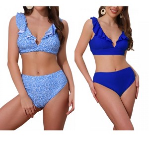 INSPIRE CHIC Women's Ruffle Trim V Neck Wide Strap Drawstring Tie Back Top Triangle Bottom Bikini Sets 2 Sets - 1 of 4