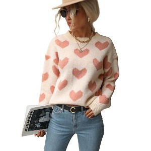Coolmee Women's Cute Heart Sweater Love Print Valentine Romantic Knitted Top Casual Crewneck Long Sleeve Sweaters Pullover - 1 of 4