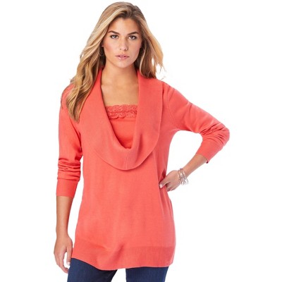 Roaman's Women's Plus Size Lace Trim Cowl Neck Sweater