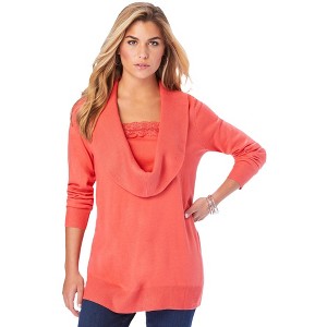 Roaman's Women's Plus Size Lace Trim Cowl Neck Sweater - 1 of 4