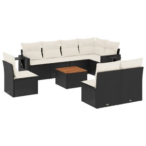 vidaXL 9 Piece Patio Sofa Set with Cushions Black Poly Rattan - Black and Cream - 1 of 4