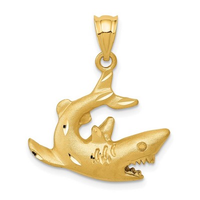 Black Bow Jewelry 14k Yellow Gold Diamond-Cut & Satin 2D Shark Pendant, 20mm (3/4 Inch)