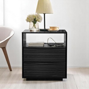 Mid Century Modern Nightstand with Charging Station, 2 Solid Wood Drawers & Open Shelf, Louver Design End Table with Outlet Hole - 1 of 4