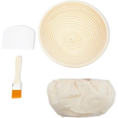 Farmlyn Creek 4 Piece Bread Proofing Basket Set with Plastic Scraper, Cloth Liner, Brush (9 in)