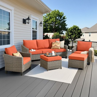 XIZZI 4-Season Outdoor Sofa Set w/ Optional Firepit - 3+2+2 Seating, 4 Colors (Navy, Orange, Green, Beige), Weatherproof Patio Furniture for Yard