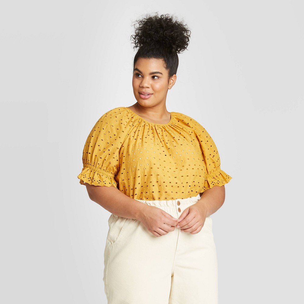 Women's Plus Size Short Sleeve Eyelet Top - Universal Thread Gold 4X, Women's, Size: 4XL was $24.99 now $17.49 (30.0% off)