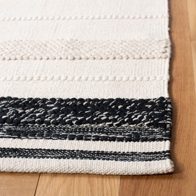 Ivory and Black 9' x 12' Wool Cotton Striped Kilim Rug