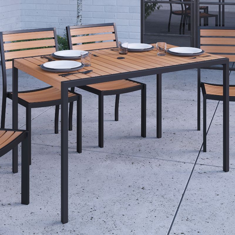 Merrick Lane 30" x 48" Outdoor Dining Table with Faux Teak Poly Slat Top and Powder Coated Steel Frame, 4 of 12