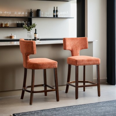 Counter Height Bar Stools Set of 2, Farmhouse Linen Fabric Upholstered Accent Chair Curved Backrest with Copper Nails around - Leovsnove
