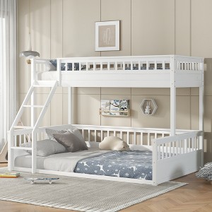 Twin XL/Full XL/Queen Over Queen Bunk Bed with Ladder and Guardrails, Convertible into Two Separate Beds, White/Natural - ModernLuxe - 1 of 4