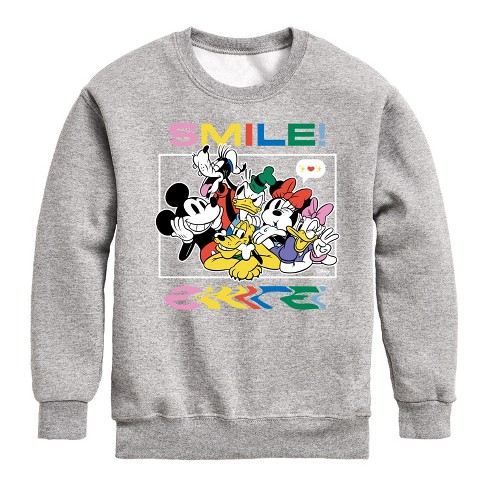 Boys Disney Mickey Minnie Goofy Donald Duck Daisy Pluto Photo Graphic Long Sleeve Fleece Sweatshirt Athletic Heather X large Target