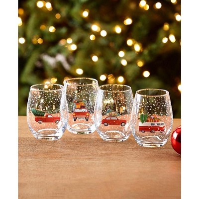 Lakeside Holiday Vehicle Winter Scene Stemless Wine Glasses - Set of 4