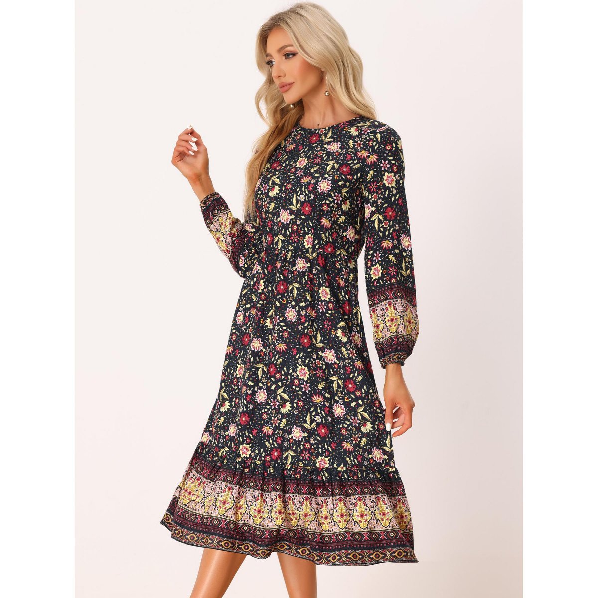 Женские платья Allegra K Women's Boho Floral Elastic Waist Flowy Long Sleeves Midi Dress Medium Black — фото 3