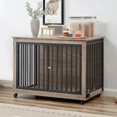 Furniture Dog Crate with Pull-Out Bowls, Wood Dog Kennel End Table with Wheels & Flip-Top, Indoor Pet House for Small to Medium Dogs/Cats