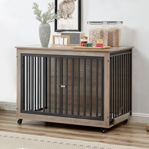 Furniture Dog Crate with Pull-Out Bowls, Wood Dog Kennel End Table with Wheels & Flip-Top, Indoor Pet House for Small to Medium Dogs/Cats - 1 of 4