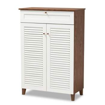 Coolidge 5 Shelf Wood Shoe Cabinet with Drawer White/Walnut - Baxton Studio