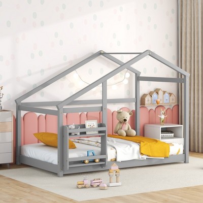 Whisen Twin Size Wooden House Bed, Twin Floor Wooden Bed with Shelf