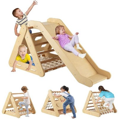 Costzon 4-in-1 Climbing Toy for Toddlers, 3-Sided Montessori Triangle Climber with Slide Ramp, Climbing Net & Board for Indoor Use