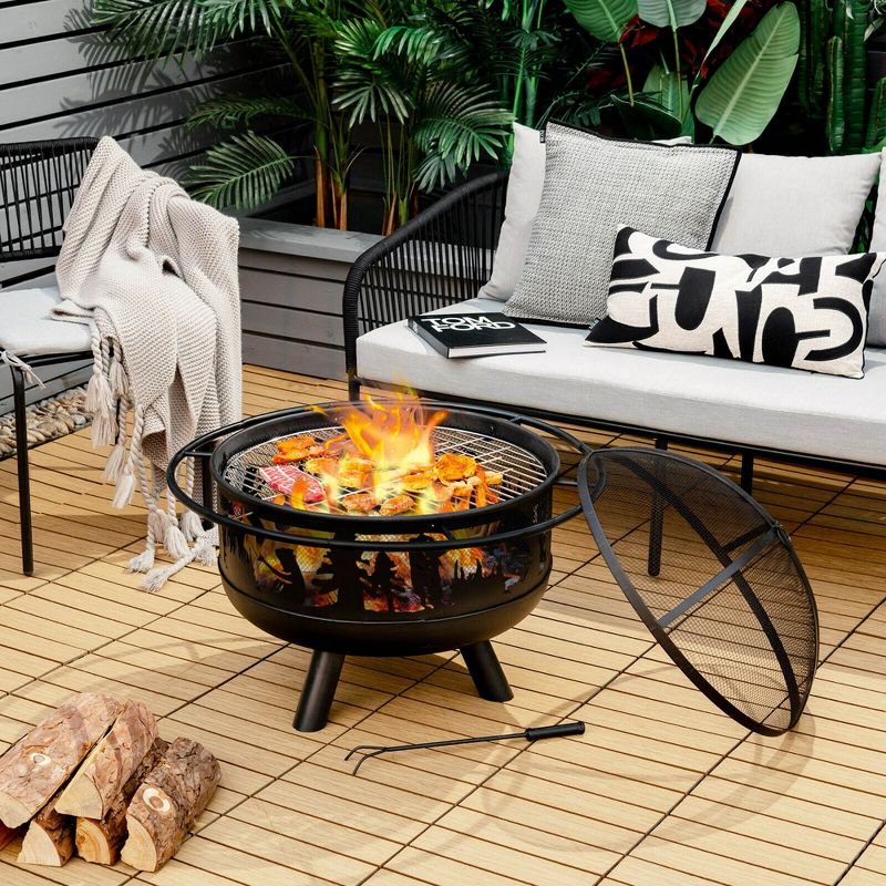 Costway 30'' Patio Round Fire Pit W/ Fire Poker Cooking Grill For Camping BBQ, 2 of 11