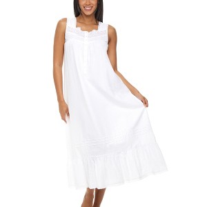 ADR Women's Cotton Nightgown, Sleeveless Lace Trimmed Button Up Long Vintage Night Dress Gown - 1 of 4