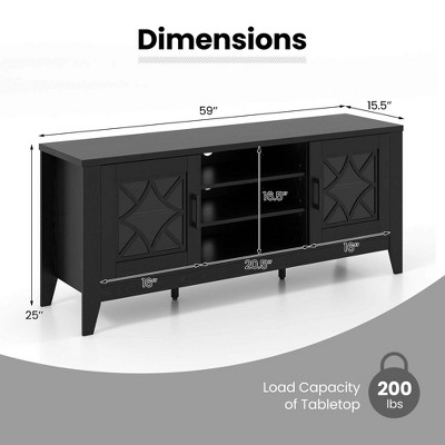 Black MDF TV Stand with Adjustable Shelves and Glass Doors
