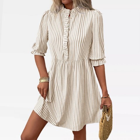 Женские платья Garvee Womens Fall Dress Stripe Ruffle A Line Elbow Sleeve Shirtdress Ruffle Placket Mock Neck Mini Dress Lantern Sleeve Casual Highwaist Dress, Khaki - M