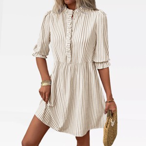 Womens Fall Dress Stripe Ruffle A Line Elbow Sleeve Shirtdress Ruffle Placket Mock Neck Mini Dress Lantern Sleeve Casual Highwaist Dress - 1 of 4