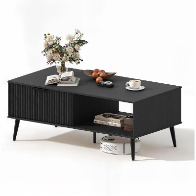 Coffee Table with Storage，Rectangular Wooden Coffee Table with Sliding Door and Solid Wood Legs, 2-Tier Cocktail Table