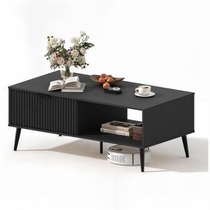 Coffee Table with Storage，Rectangular Wooden Coffee Table with Sliding Door and Solid Wood Legs, 2-Tier Cocktail Table - 1 of 1