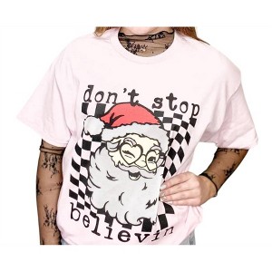 Women's WO'S DONT STOP BELIEVIN' SANTA TEE - Glam n Go Boutique - 1 of 2