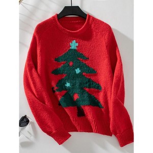 Coolmee Women's Christmas Sweatshirt Round Neck Ugly Christmas Tree Partern Sweater Long Sleeve Top for Holiday - 1 of 4