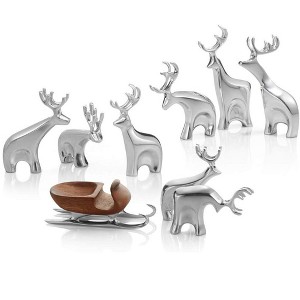 Nambe Miniature Figurin Set of 9 - Miniature Reindeer Figurines with Wooden Sleigh - Modern Holiday Figurine Set - Nambe Alloy Christmas Home Decor - 1 of 4