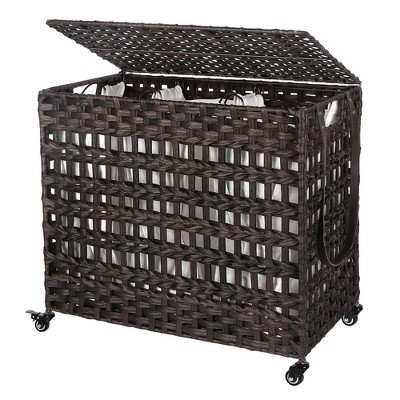 SONGMICS Laundry Hamper with Lid, 140L Synthetic Rattan Laundry Basket with Wheels, Clothes Hamper with 3 Removable Liner Bags