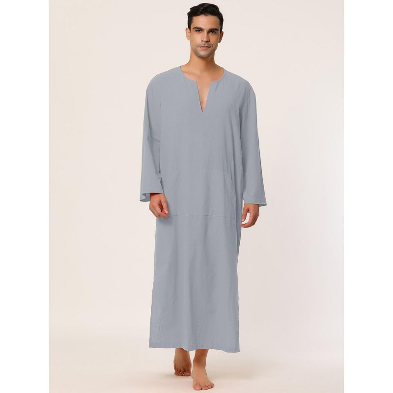 Lars Amadeus Men's Cotton V-Neck Side Split Long Night Gown with Pocket, 2 of 6