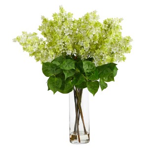 Nearly Natural 24-in Artificial Lilac Arrangement with Cylinder Glass Vase, Green - 1 of 4