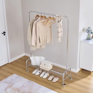 TOBILI Garment Rack with Basket on Wheels Rolling Clothes Rack for Hanging Clothes Heavy Duty Garment Rack,2 pcs in one carton - 1 of 4