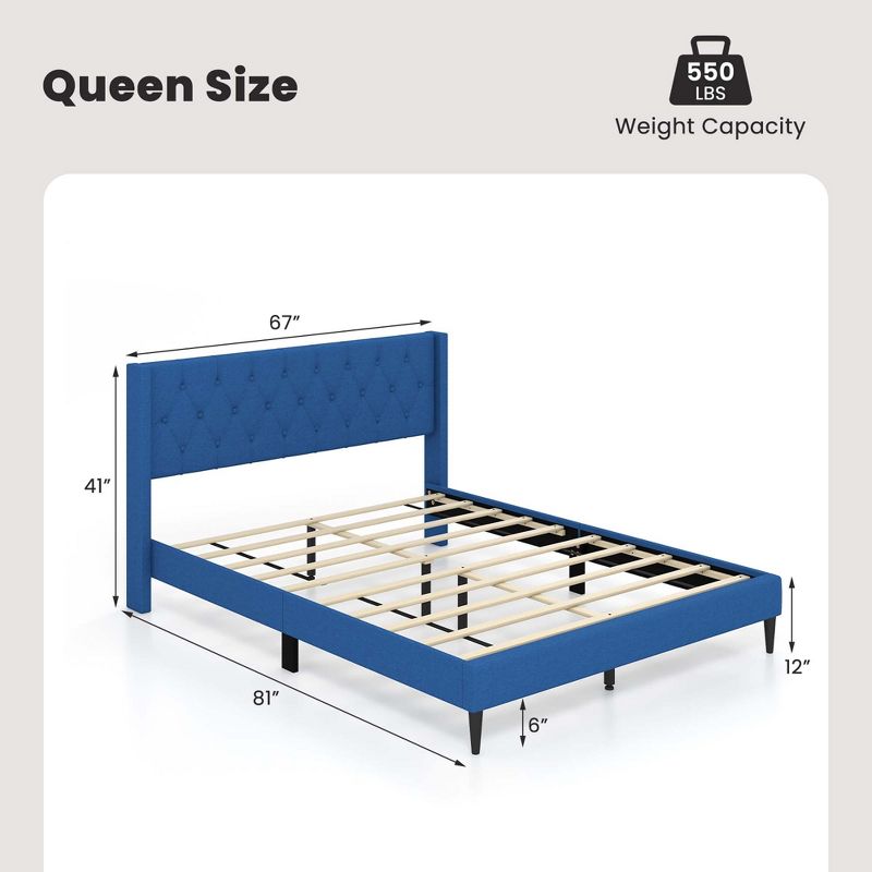 Costway Queen Size Upholstered Platform Bed with Button Tufted Wingback Headboard Blue/Grey, 3 of 11