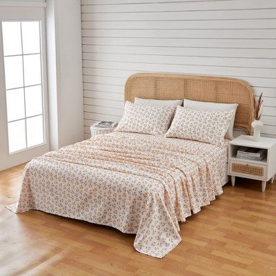 Twin Size White and Orange Floral Microfiber Sheet Set