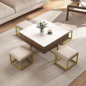 Okak Round 2-Tier Lift-Top CoffeeTable with Storage & 3 Ottoman, Mid Century Center Tables for Living Room Small Space - 1 of 4
