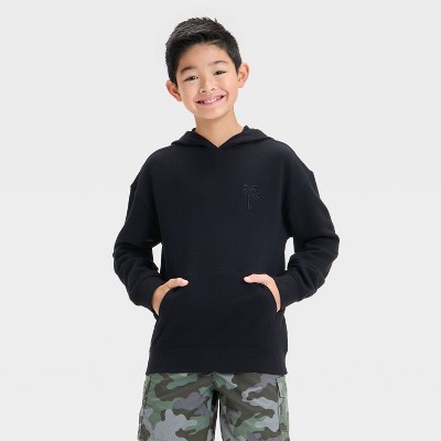 Boys' French Terry Hooded Pullover Sweatshirt - Cat & Jack™ Black L: Cotton, Midweight, Kangaroo Pocket, Ribbed Cuffs & Hem
