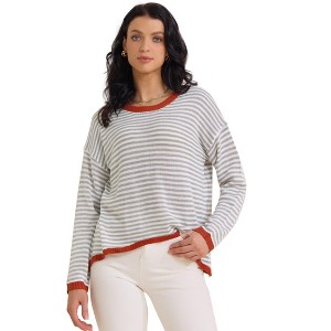 INSPIRE CHIC Women Striped Long Sleeve Drop Shoulder Curved Hem Pullover Top Sweater - 1 of 4