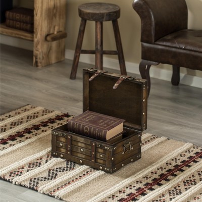 Small Brown Wooden Storage Trunk with Faux Leather Straps