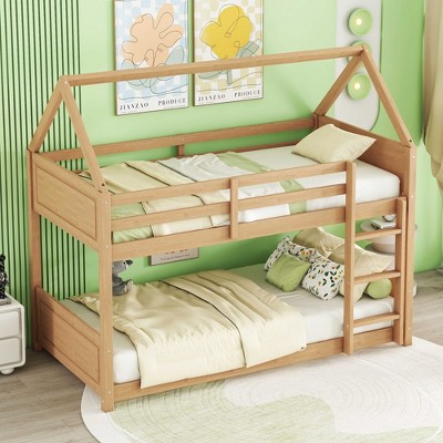 LOVMOR Twin Over Twin House Floor Bunk Bed with Headboards, Footboards and Guardrails, Ladder, Rubber Wood Bunk Bed with Safety Guardrails
